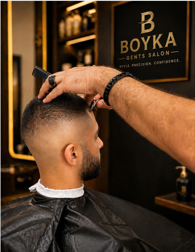 Master barber at Boyka Gents Salon, JVC Dubai — precision fade in progress